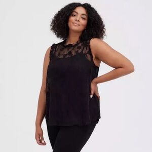 Black Sheer Mesh Embroidered Ruffle
Sleeveless Blouse